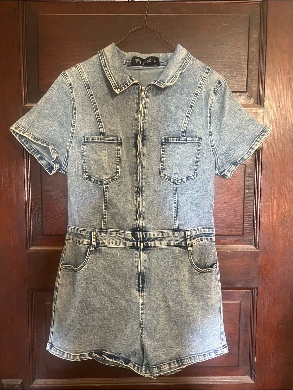 Lucky & Blessed Light Blue Acid-Wash Denim Romper Dress